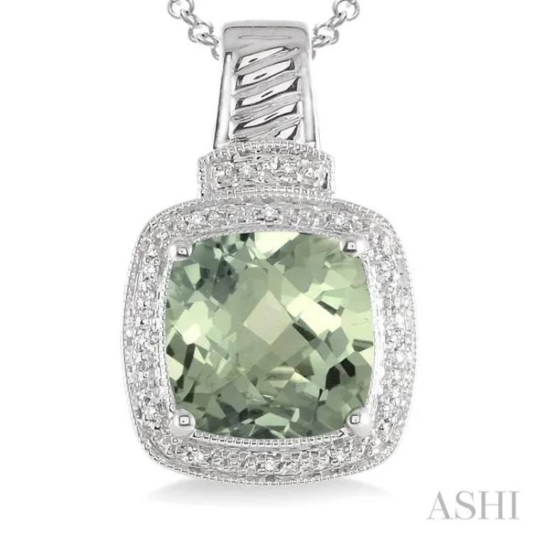 10x10  MM Cushion Shape Green Amethyst and 1/20 ctw Single Cut Diamond Pendant in Sterling Silver with Chain