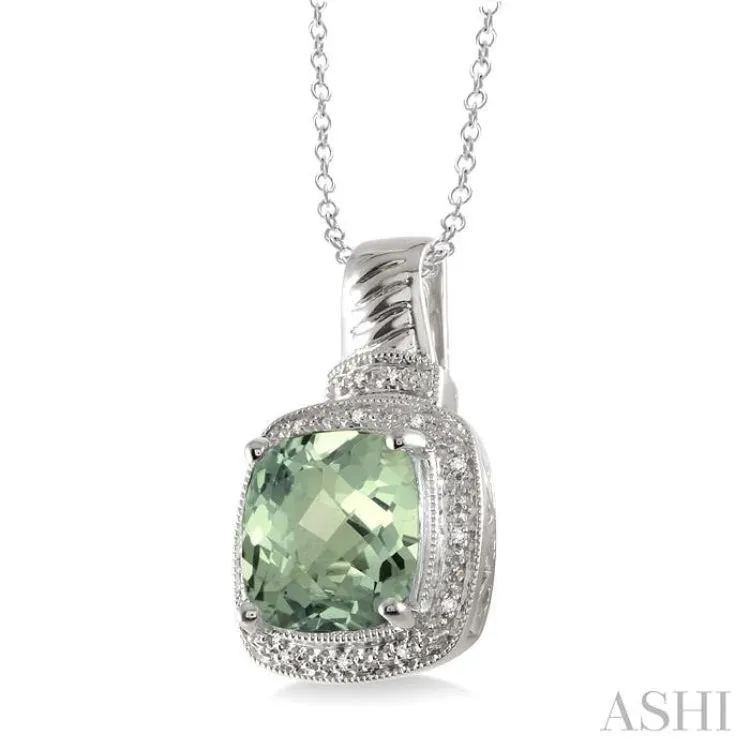 10x10  MM Cushion Shape Green Amethyst and 1/20 ctw Single Cut Diamond Pendant in Sterling Silver with Chain