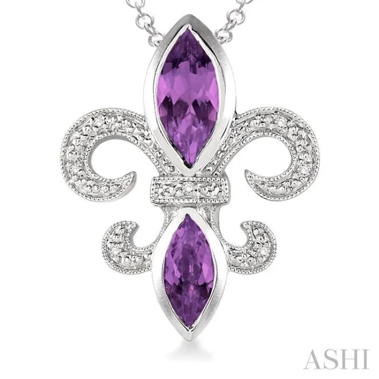 10x5 & 8x4 mm marquise cut Amethyst and 1/50 Ctw Single Cut Diamond Fleur De Lis Pendant in Sterling Silver with Chain