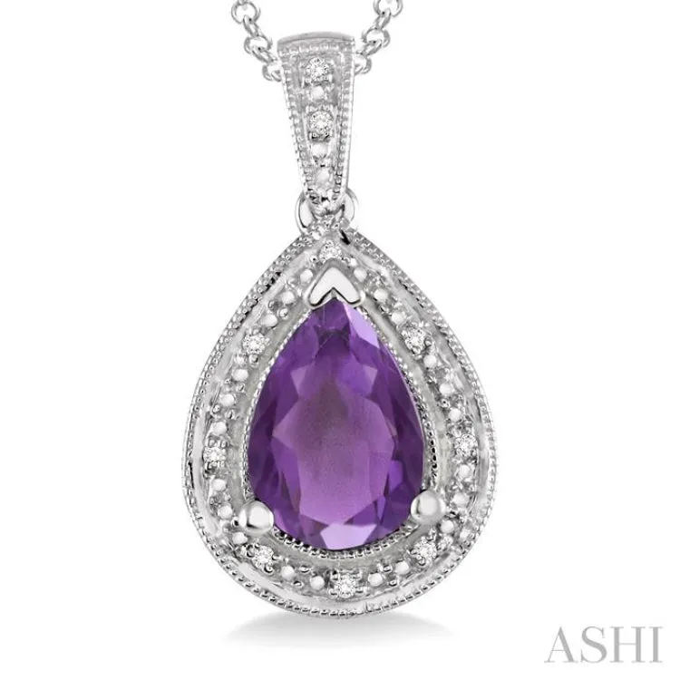 10x7 MM Pear Shape Amethyst and 1/20 Ctw Single Cut Diamond Pendant in Sterling Silver with chain