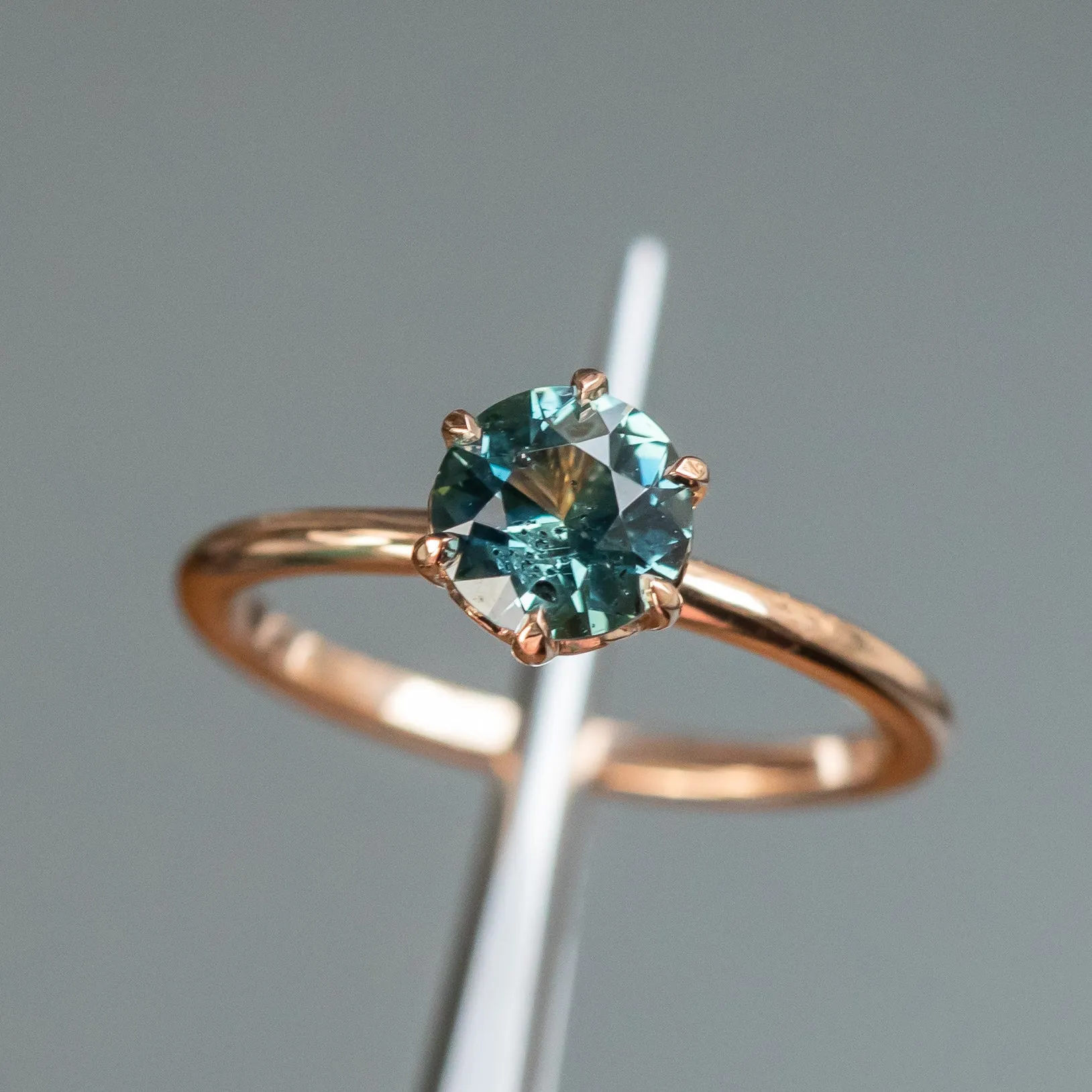 1.18ct Round Green Teal Madagascar Sapphire Lotus Six Prong Solitaire Ring in 18k Rose Gold