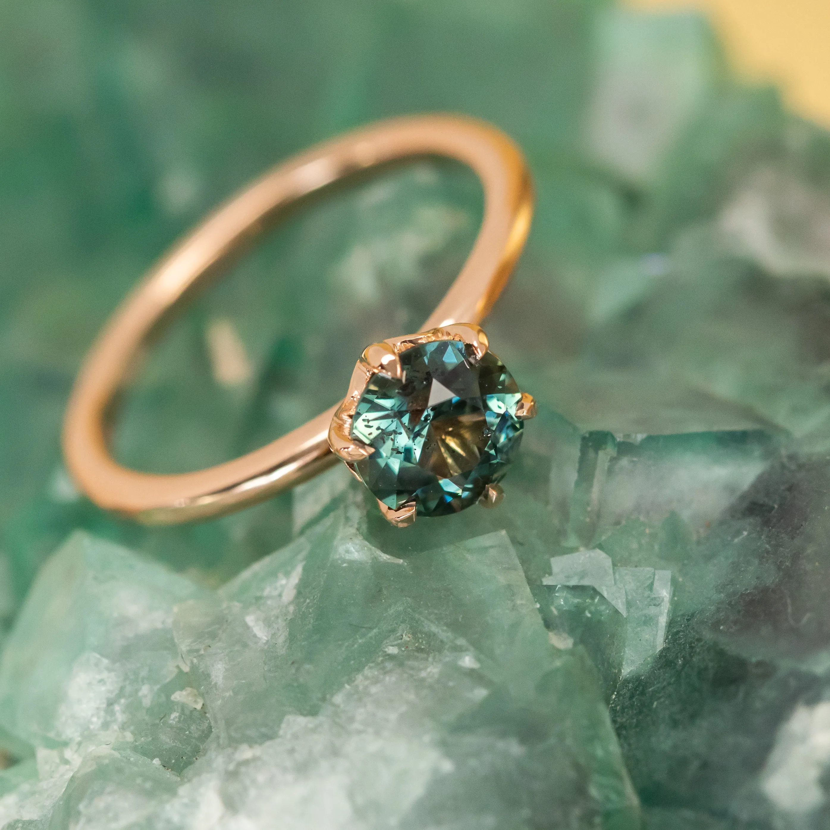 1.18ct Round Green Teal Madagascar Sapphire Lotus Six Prong Solitaire Ring in 18k Rose Gold