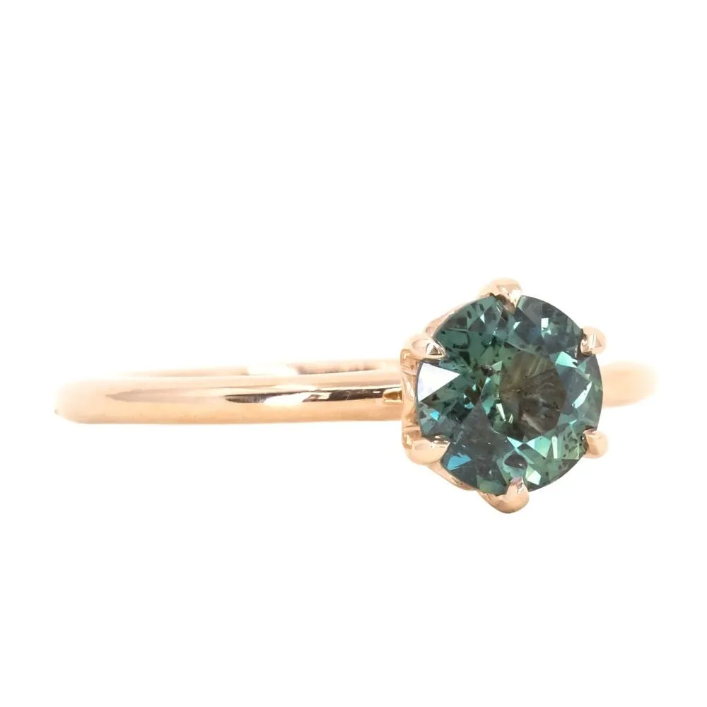 1.18ct Round Green Teal Madagascar Sapphire Lotus Six Prong Solitaire Ring in 18k Rose Gold