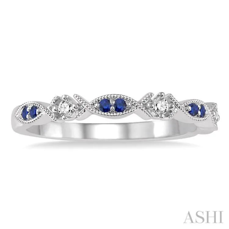 1.25 MM Round Cut Blue Sapphire and 1/20 Ctw Round Cut Diamond Precious Half Eternity Wedding Band in 14K White Gold