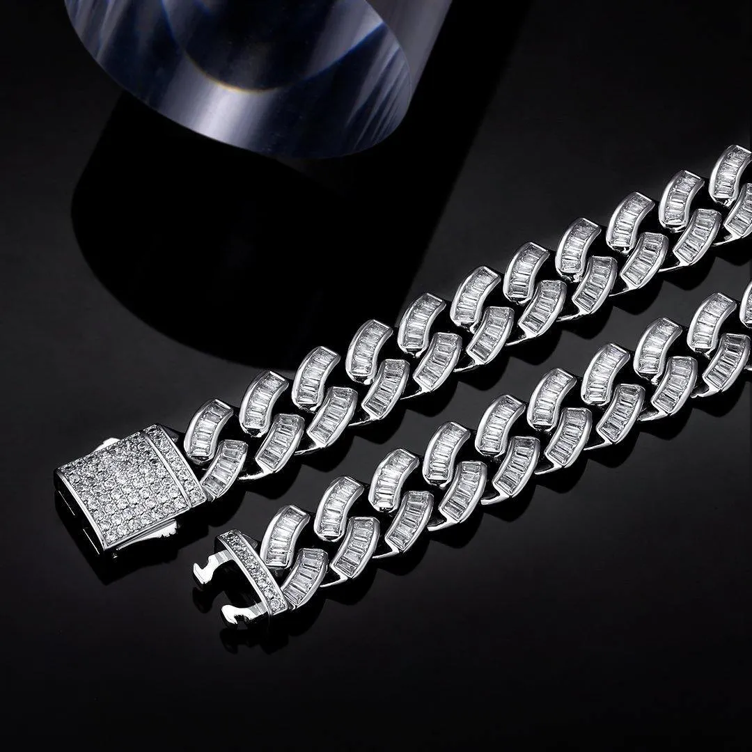 12mm Baguette CZ Mens Cuban Link Bracelet in White Gold