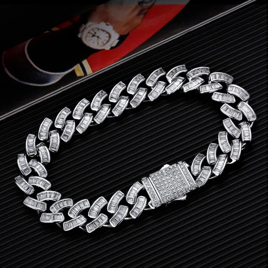 12mm Baguette CZ Mens Cuban Link Bracelet in White Gold