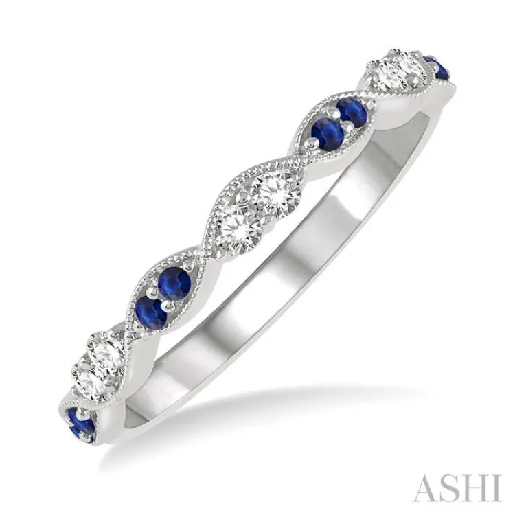 1.35 MM Round Cut Sapphire and 1/5 Ctw Round Cut Diamond Precious Half Eternity Wedding Band in 14K White Gold