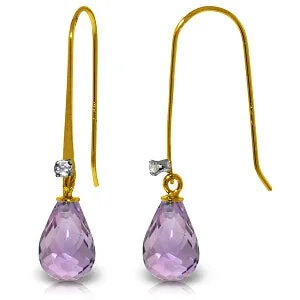 1.38 Carat 14K Solid Yellow Gold Fish Hook Earrings Diamond Amethyst