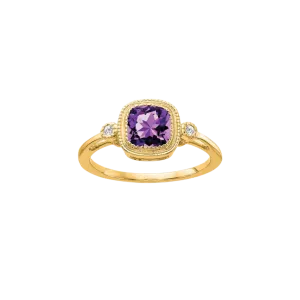 14k Gold Cushion Amethyst and Diamond Ring