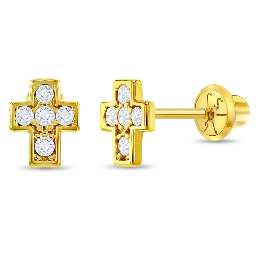 14k Gold Petite CZ Cross Toddler / Kids / Girls Earrings Safety Screw Back