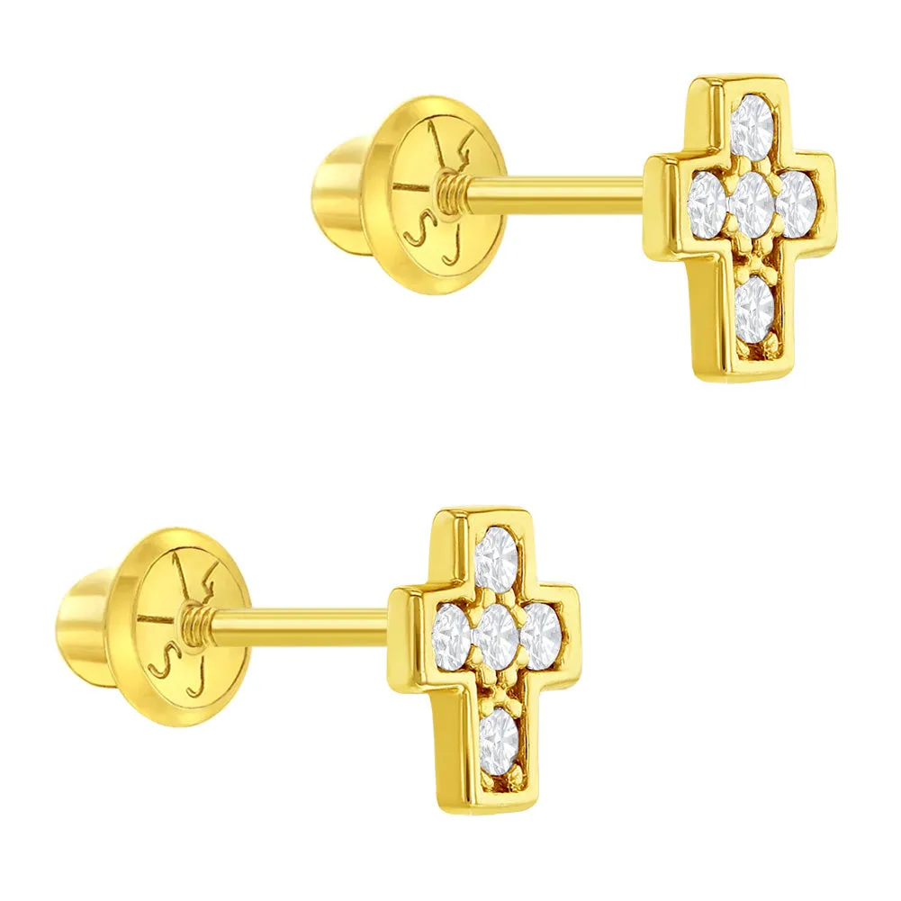 14k Gold Petite CZ Cross Toddler / Kids / Girls Earrings Safety Screw Back