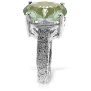 14K Solid White Gold Ring w/ Natural Oval Green Amethyst