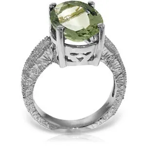 14K Solid White Gold Ring w/ Natural Oval Green Amethyst