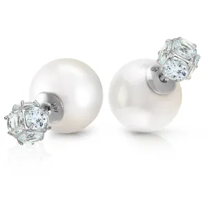 14K Solid White Gold Tribal Double Shell Pearls And Aquamarines Stud Earrings