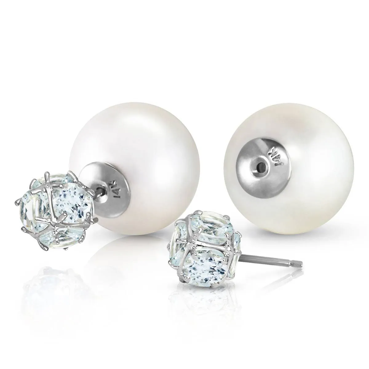 14K Solid White Gold Tribal Double Shell Pearls And Aquamarines Stud Earrings