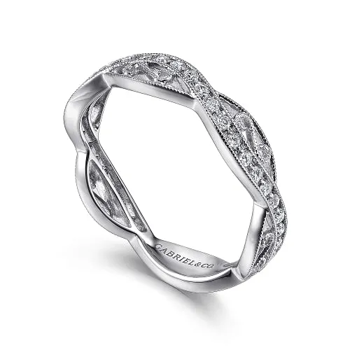 14K White Gold Twisted Filigree Diamond Stackable Ring