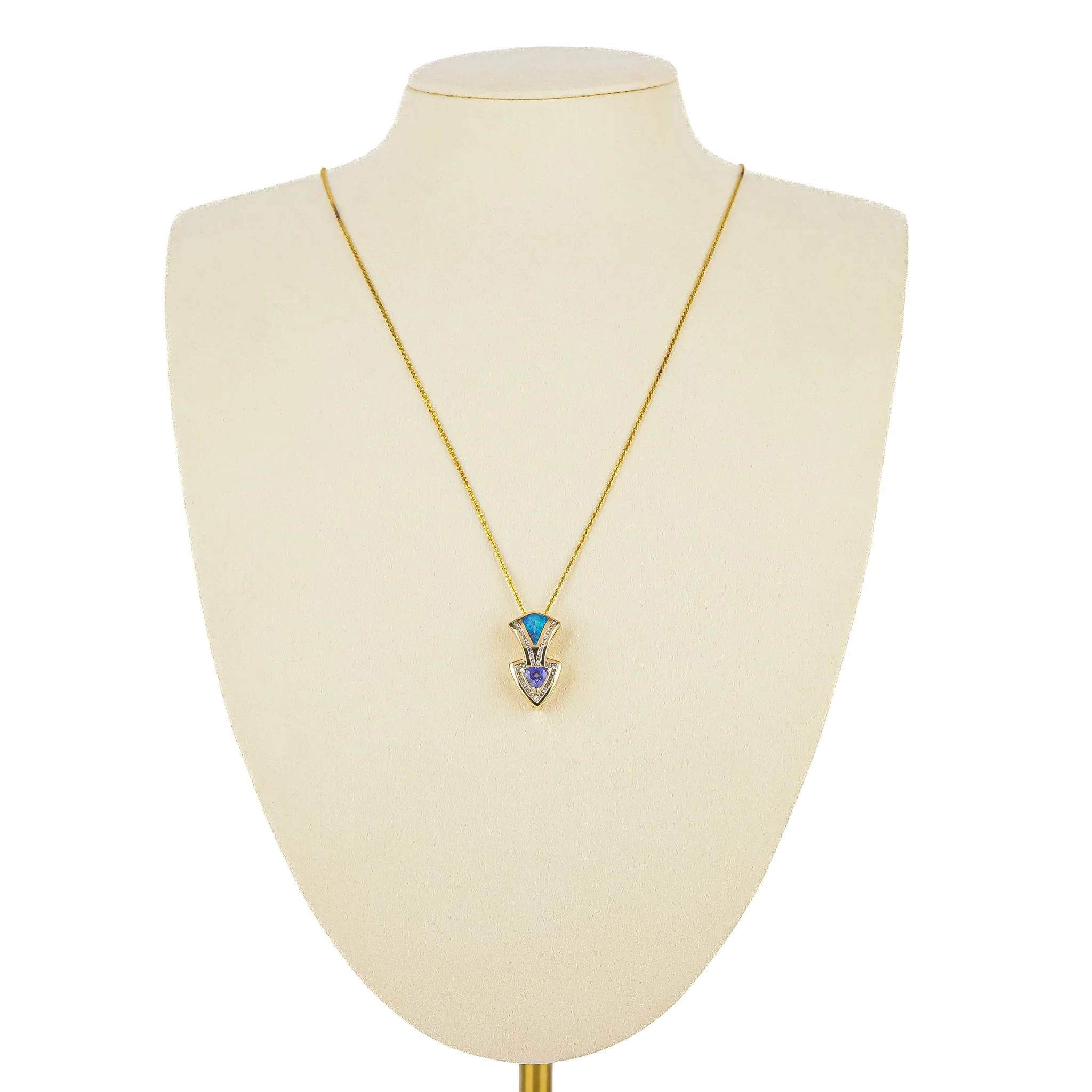 14K Yellow Gold Tanzanite Opal Diamond Pendant Necklace