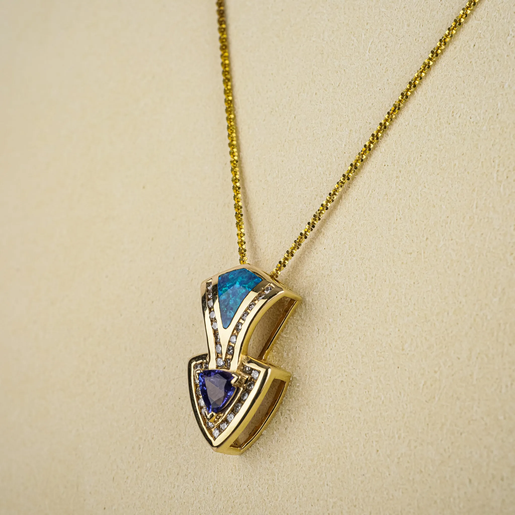 14K Yellow Gold Tanzanite Opal Diamond Pendant Necklace