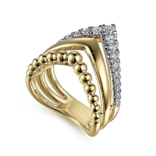 14K Yellow Gold Triple Row Bujukan Chevron Diamond Ring