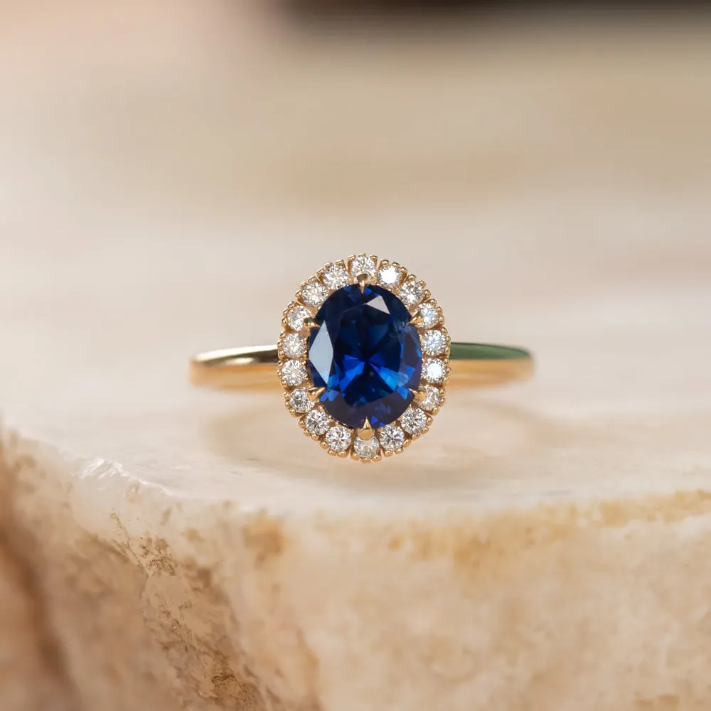 1.63ct Oval Sapphire Antique-Inspired Diamond Halo Ring in 18k Yellow Gold