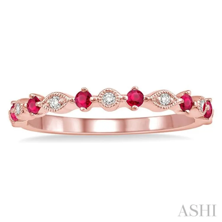 1.80 MM Round Cut Ruby and 1/20 Ctw Round Cut Diamond Half Eternity Wedding Band in 14K Rose Gold