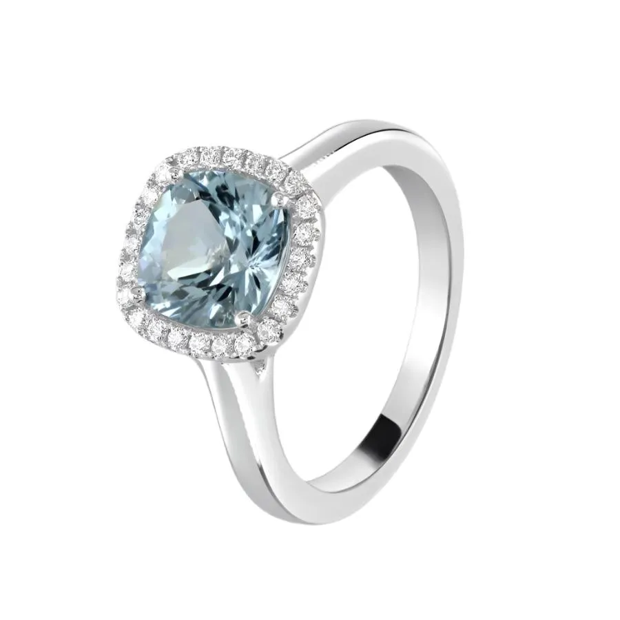 18ct White Gold Cushion Cut Aquamarine and Diamond Halo Cluster Ring