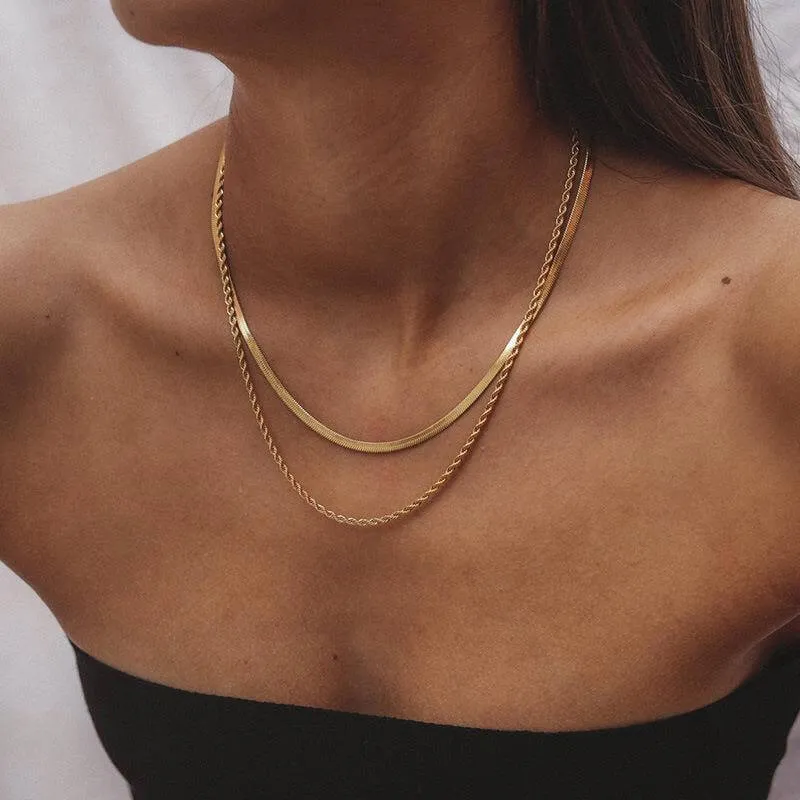 18K Gold Plated Double Layer Twists Snake Bone Chain Necklace