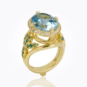 18K Pavé Halo Ring in Aquamarine, Tsavorite, and diamond