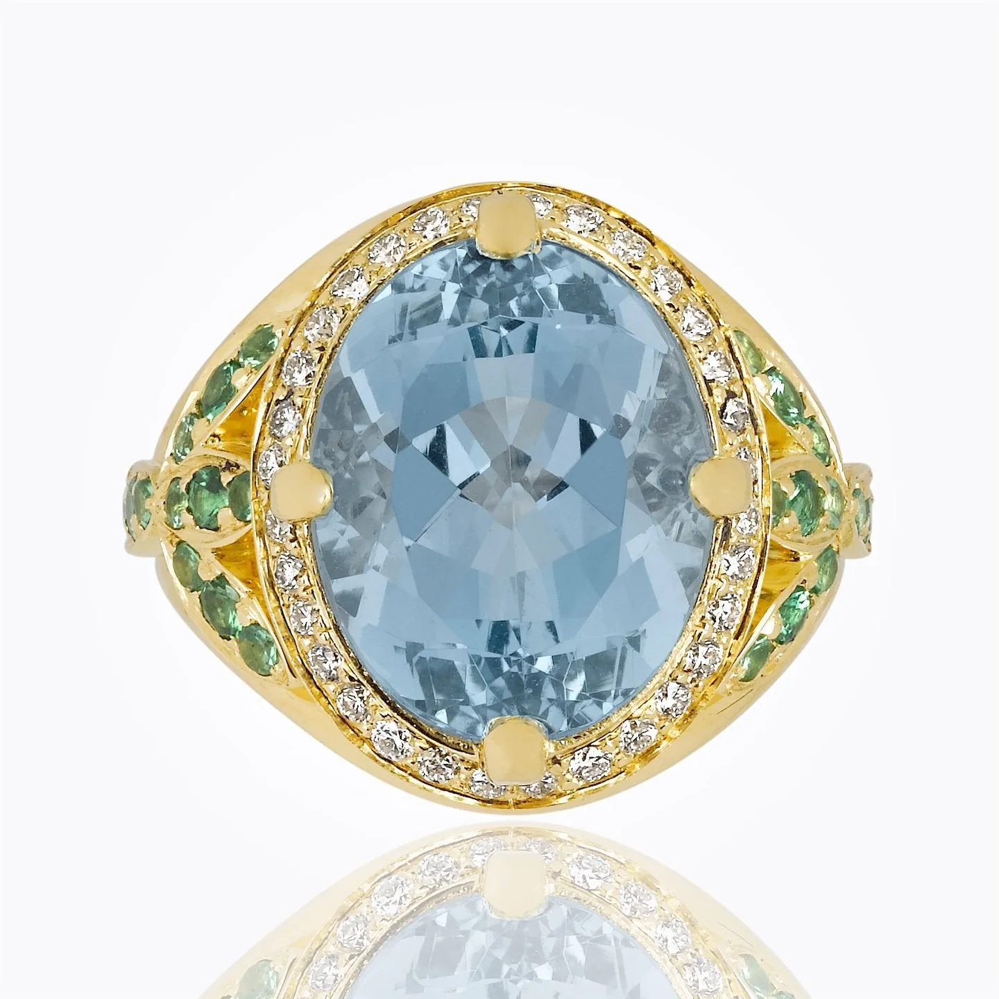 18K Pavé Halo Ring in Aquamarine, Tsavorite, and diamond