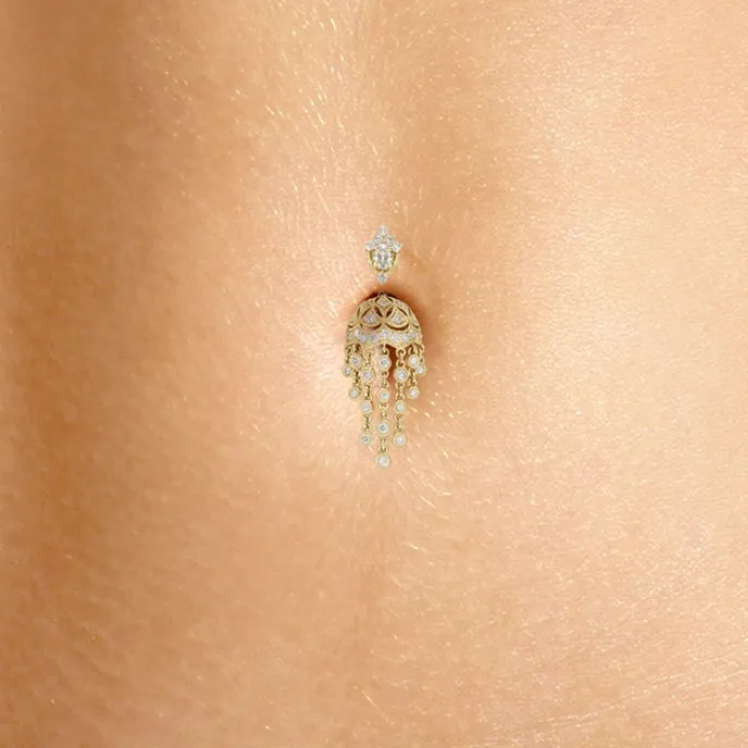 18K Yellow Gold Diamond MT Tiara with Parasol Dangle. Belly Rings by Maria Ash