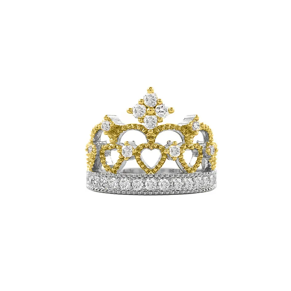 18K Yellow White Gold 2 Tone Tiara Crown Ring AAA Cubic Zirconia Size 6 7 8 9