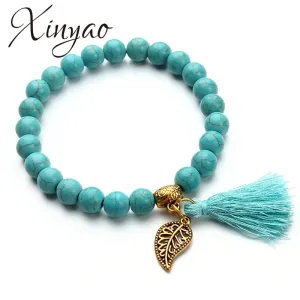 2017 Boho Natural Stone Turquoises Beads Bracelet Gold Color Leaf Tassel Charm Bracelets Bangle For Women Pulseras Mujer F2833