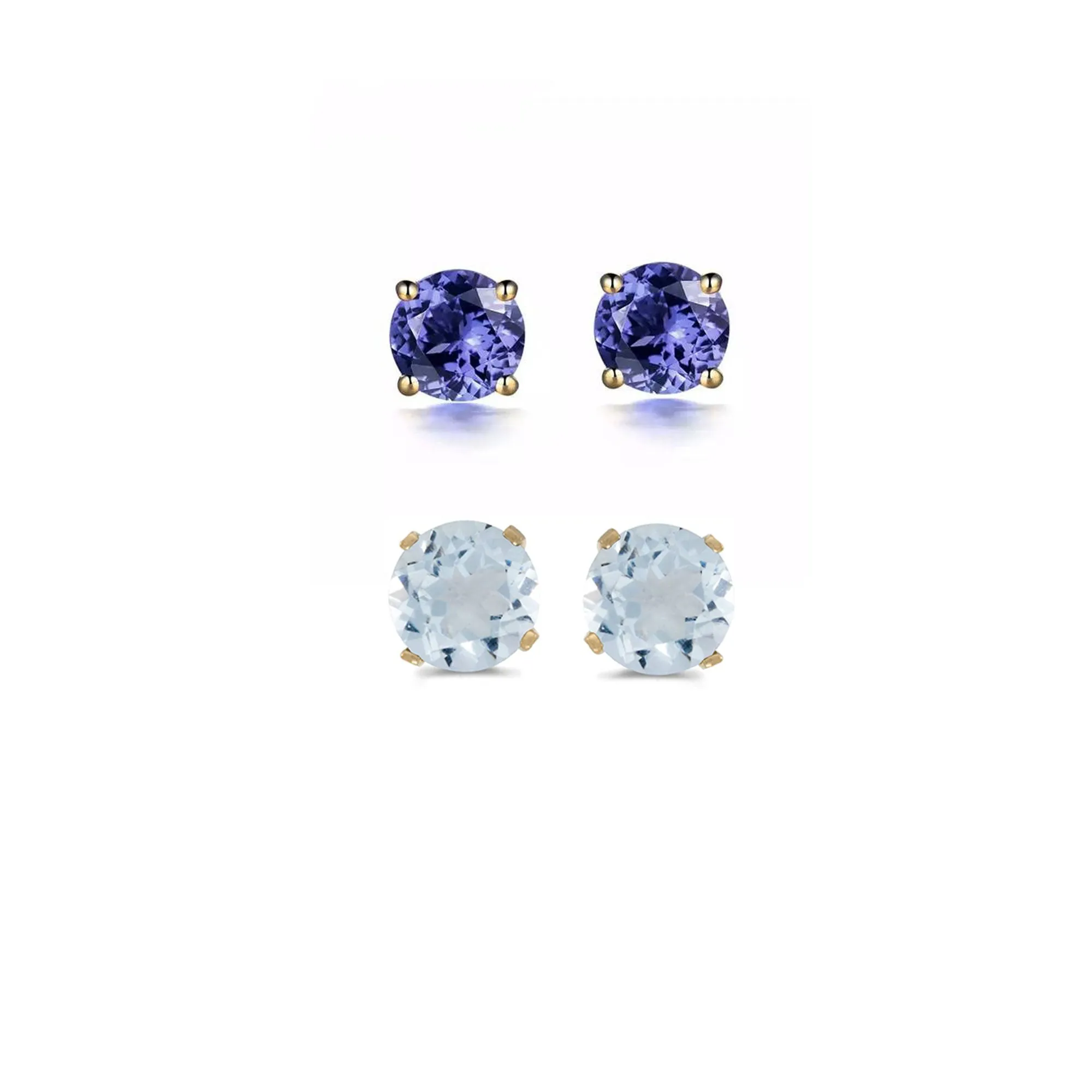 24k Yellow Gold Plated 3Ct Created Tanzanite and Aquamarine 2 Pair Round Stud Earrings