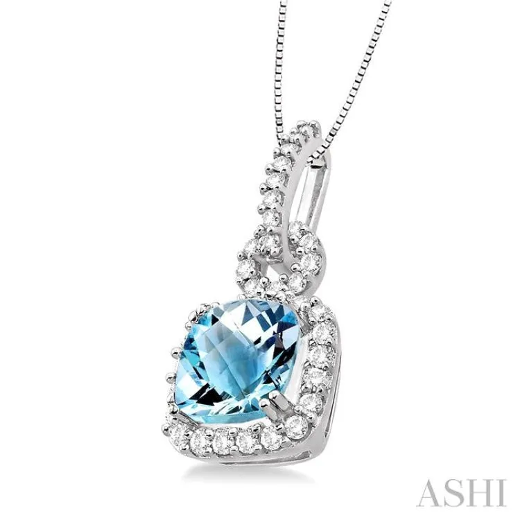 7 MM Cushion Shape Aquamarine and 3/8 Ctw Round Cut Diamond Pendant in 14K White Gold with Chain