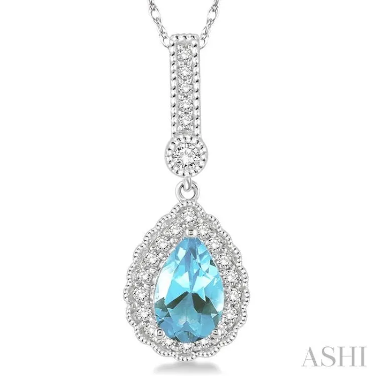 7x5 MM Pear Shape Aquamarine and 1/5 Ctw Round Cut Diamond Pendant in 14K White Gold with Chain