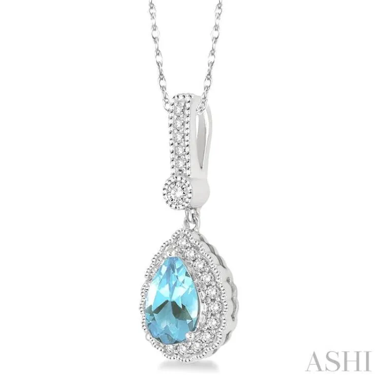 7x5 Pear Shape Aquamarine and 1/5 Ctw Round Cut Diamond Pendant in 14K White Gold with Chain