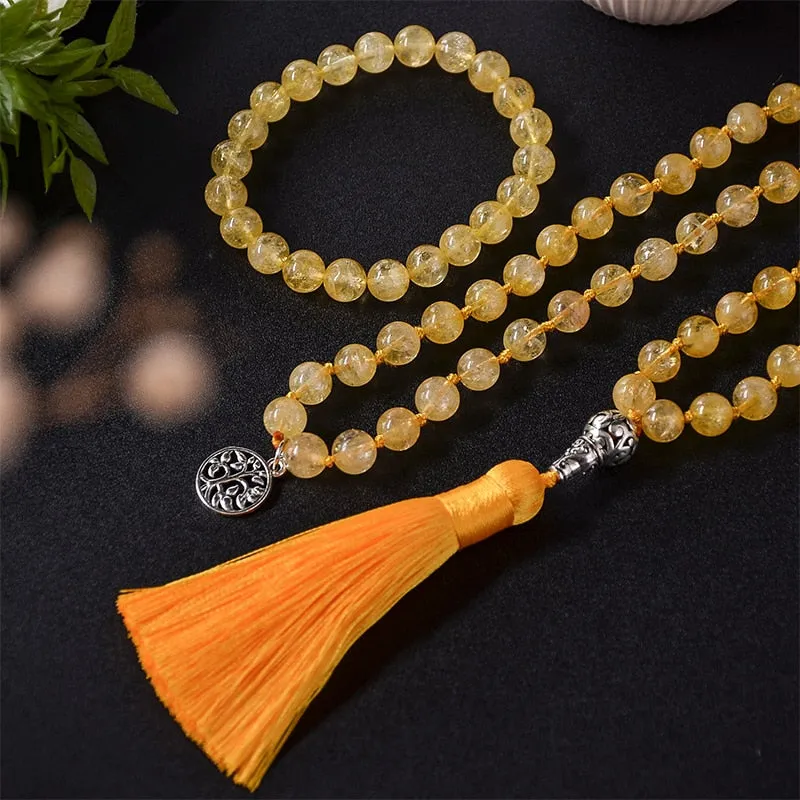 8mm Natural Citrine Beaded Knotted Mala Necklace Meditation Yoga Blessing Healing Jewelry Bracelet Set