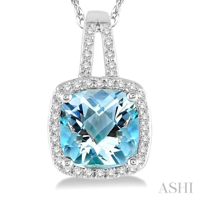 8x8 MM Cushion Shape Aquamarine and 1/5 Ctw Round Cut Diamond Pendant in 10K White Gold with Chain