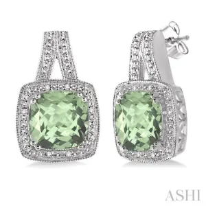 8x8  MM Cushion Shape Green Amethyst and 1/20 ctw Single Cut Diamond Earrings in Sterling Silver