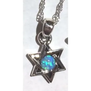 925 Sterling Silver Blue Opal Small Star of David Necklace 18"