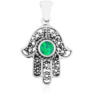 925 Sterling Silver Filigree and OPAL Hamsa Pendant Necklace Venetian Chain