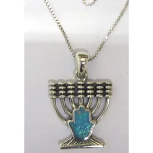 925 Sterling Silver Menorah / Opal Hamsa Pendant / Necklace Made in Israel