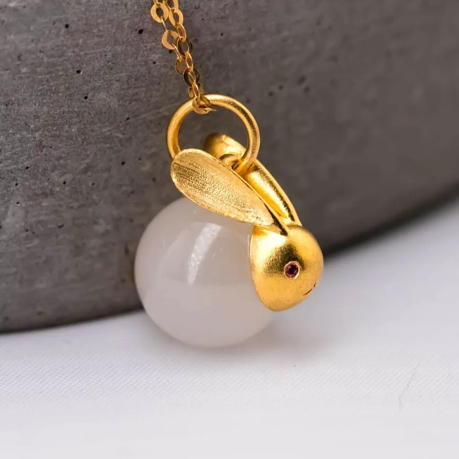 Adorable White Jade Bunny Necklace: Gold-Plated Silver