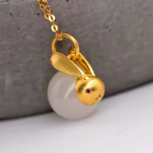 Adorable White Jade Bunny Necklace: Gold-Plated Silver