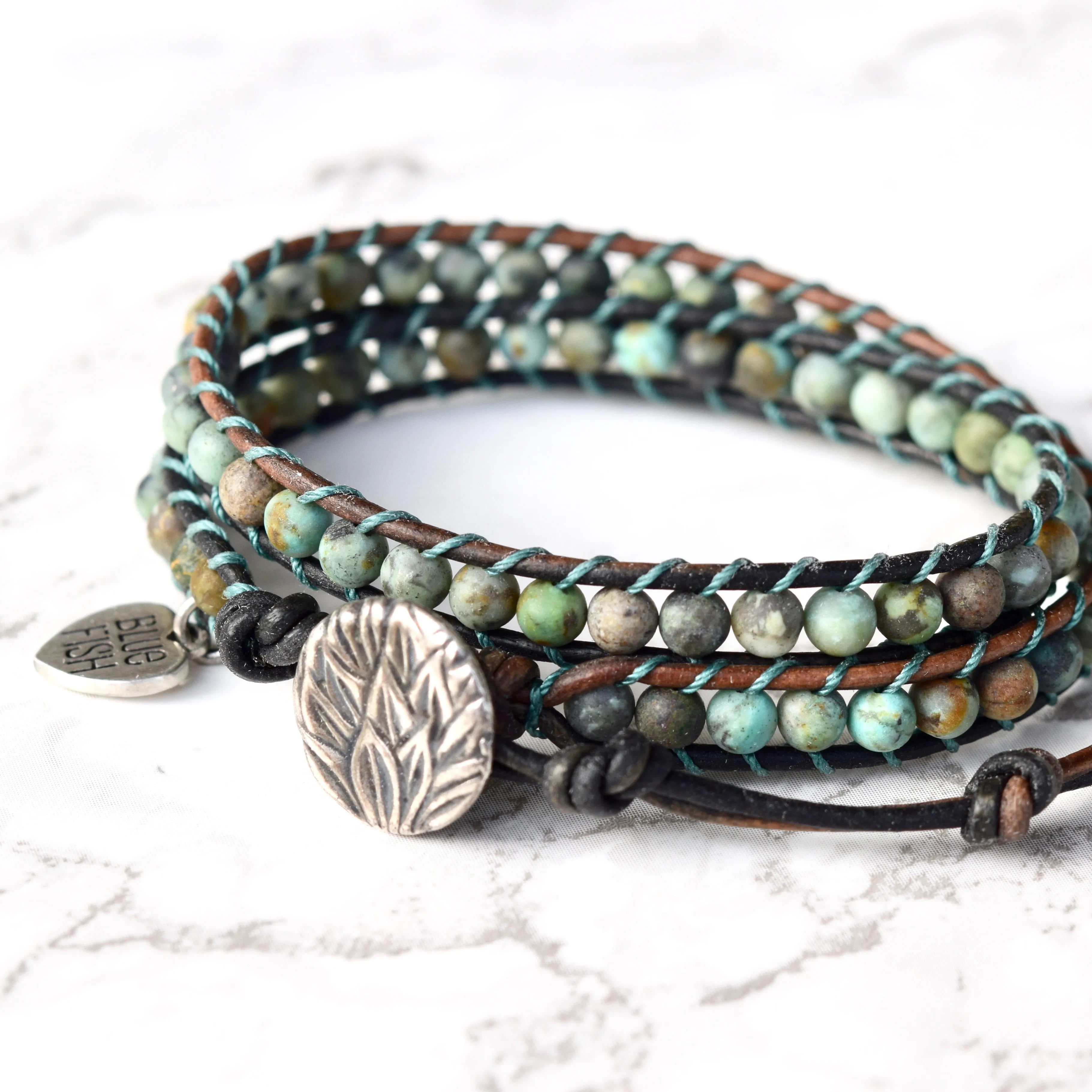 African Turquoise Wrap Bracelet ~ Silver Button