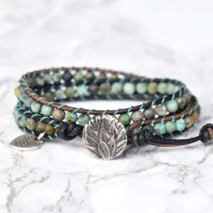 African Turquoise Wrap Bracelet ~ Silver Button