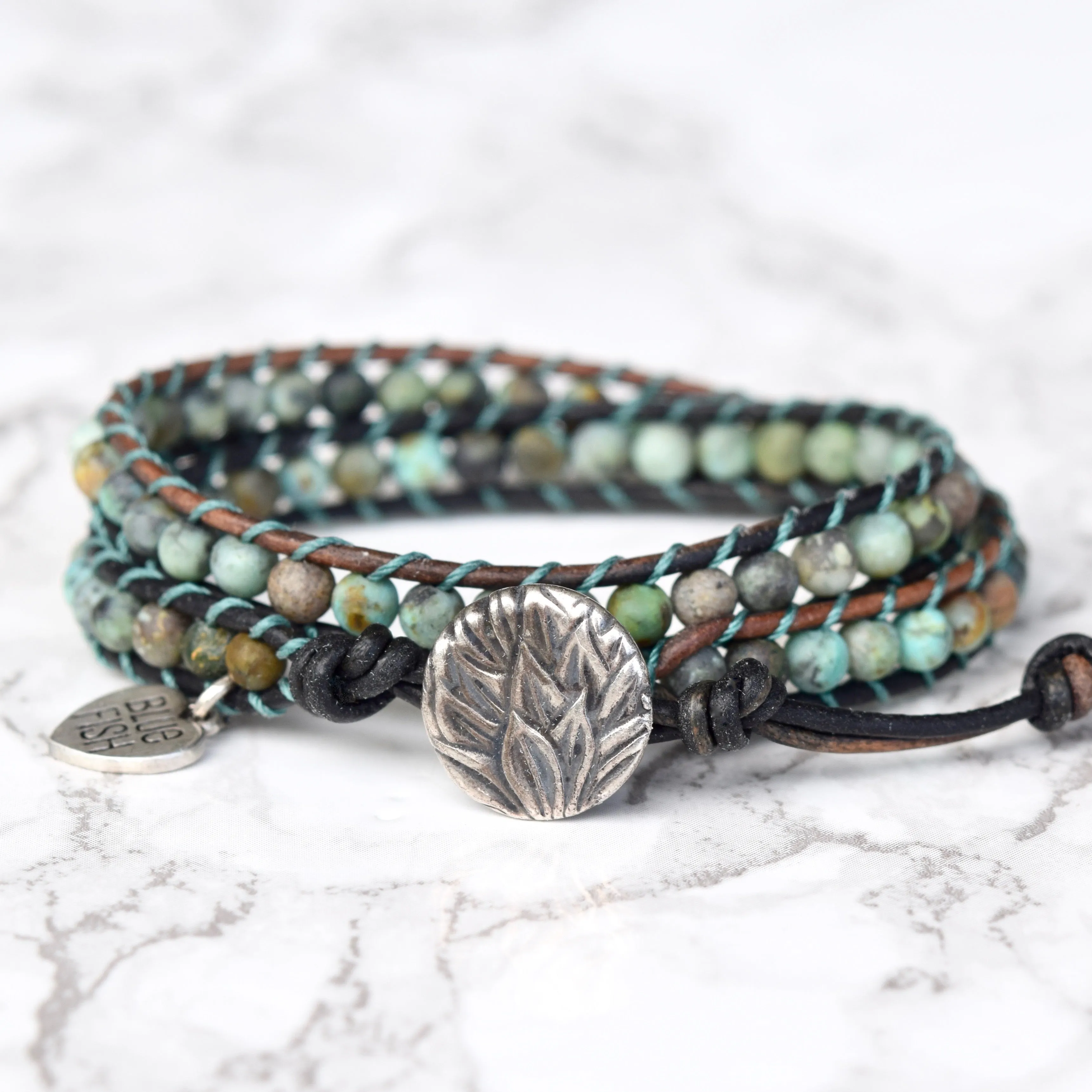 African Turquoise Wrap Bracelet ~ Silver Button