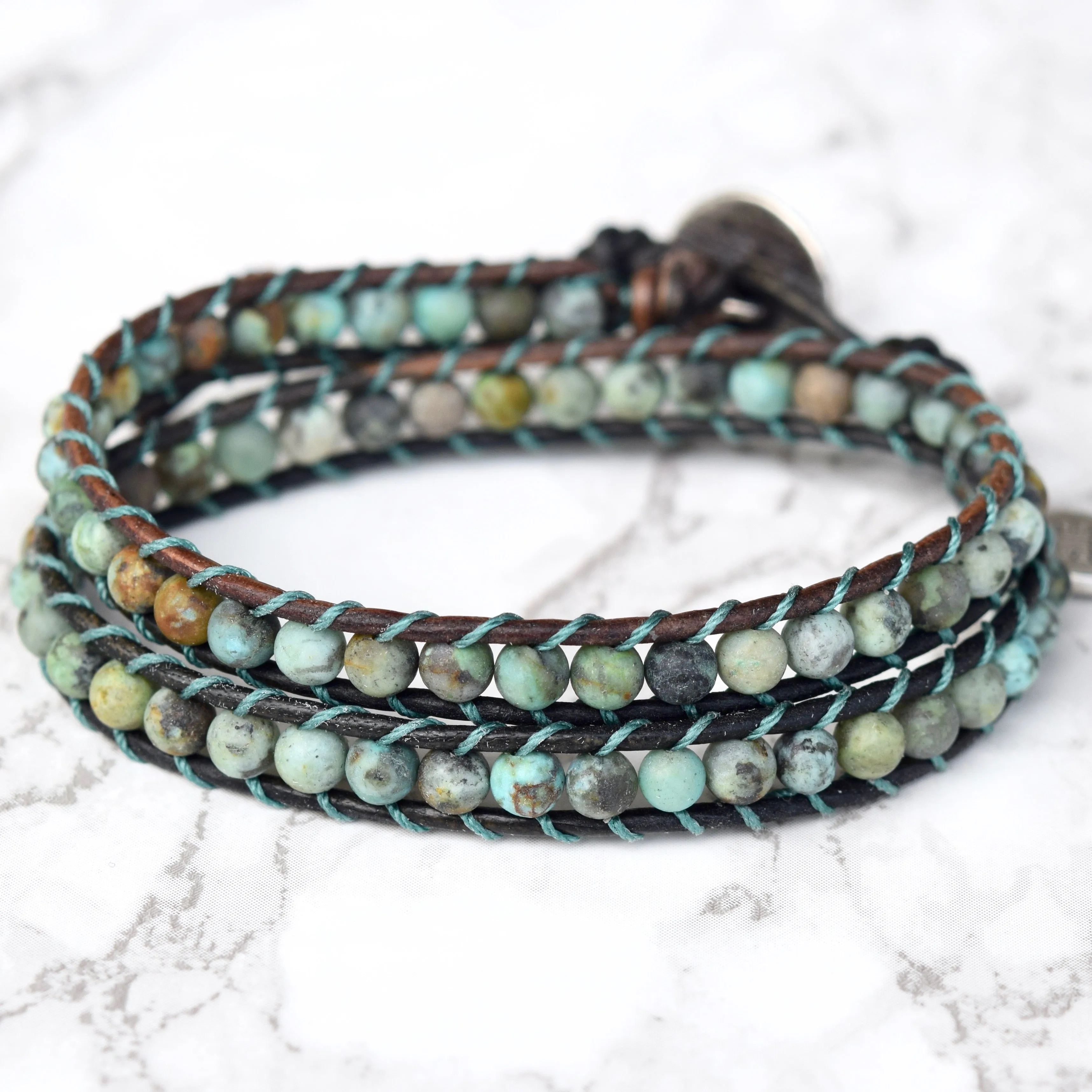 African Turquoise Wrap Bracelet ~ Silver Button