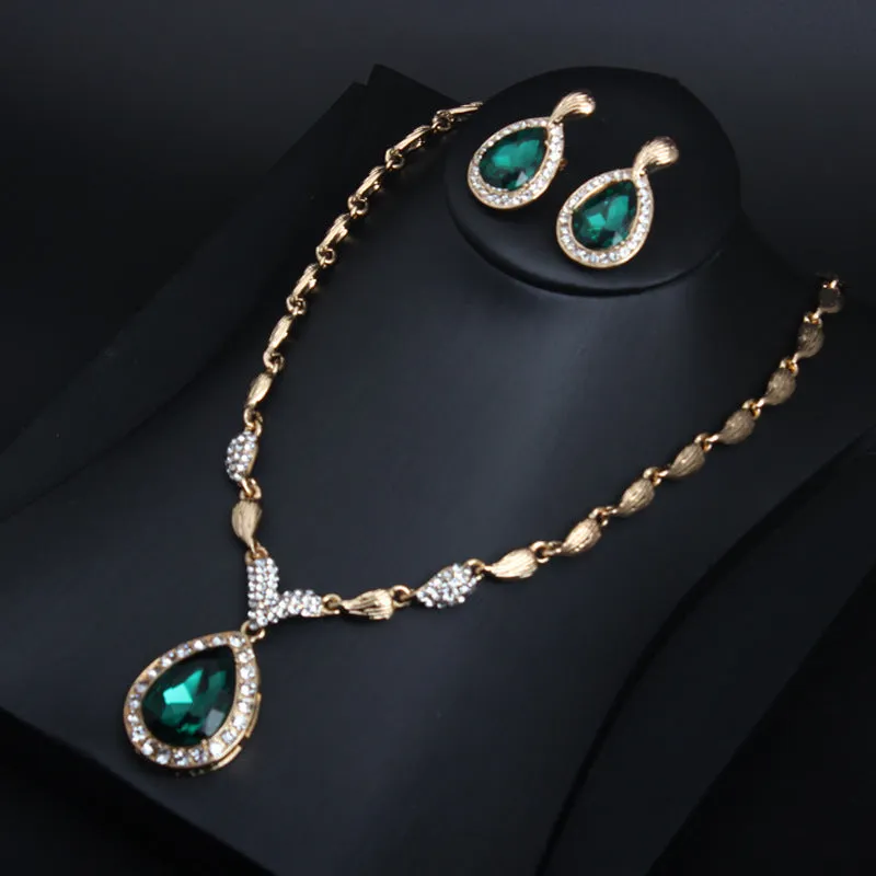 American alloy necklace four-piece set water drop gemstone clavicle chain bridal banquet female jewelry