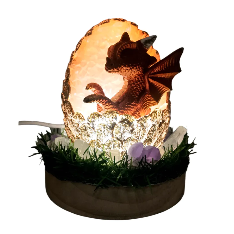 Amethyst Crystal Baby Dragon in an Egg Wood Base Light